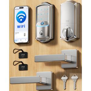 Veise VE027-L Built-in WiFi Smart Lock with Handle, Fingerprint keyless Entry Door Lock Set, App Remote & Voice Control, Electronic Deadbolt for Front Door, Touchscreen Keypad, Auto Lock, Satin Nickel