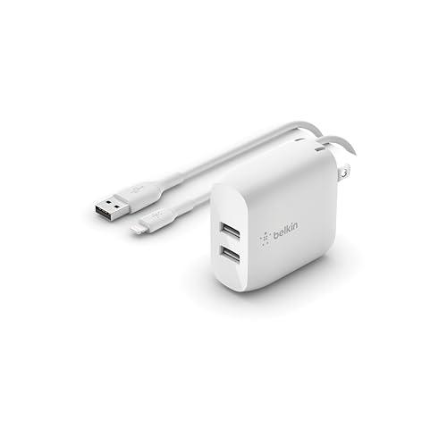 Belkin 24W Dual Port USB Wall Charger - Lightning Cable Included - iPhone Charger Fast Charging - USB Charger Block for Power Bank, iPhone 14, iPhone 13, iPhone 12, iPhone 11, iPad Pro, Samsung & more