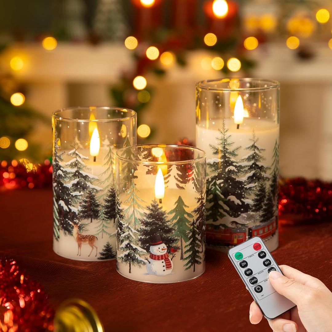 LUSHABOR Christmas Flameless Candles, 3 Pack Battery Operated Candles for Christmas Mantel Decor, Glass LED Flickering Candles Home Xmas Party Holiday D3 H4 5" 6", Trees