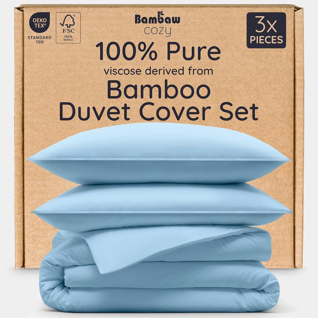 Bambaw 100% Viscose Derived from Bamboo Duvet Cover Queen Size - 3 Pieces Cooling Duvet Cover Set, Soft Duvet Cover Queen Size, Breathable Duvet Cover Set, No Comforter (Dream Blue)