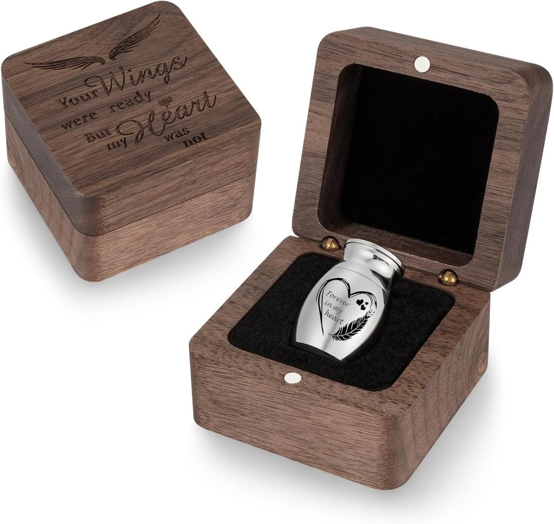 XIUDA Wooden Mini Memorial Small Urns for Ashes Stainless Steel Cremation Mini Urn with Black Walunt Box Funeral Heart Wings Keepsake Urn for Ashes