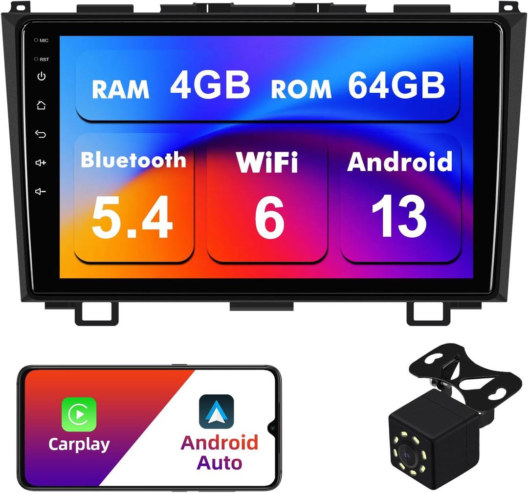 4+64G Android 13 Double Din Car Stereo for Honda CR-V 2007-2011 with 9 Inch Touchscreen Radio Built-in Wireless Carplay/Android Auto/GPS/Bluetooth/FM/AUX-in/Steering Wheel Controls/Backup Camera