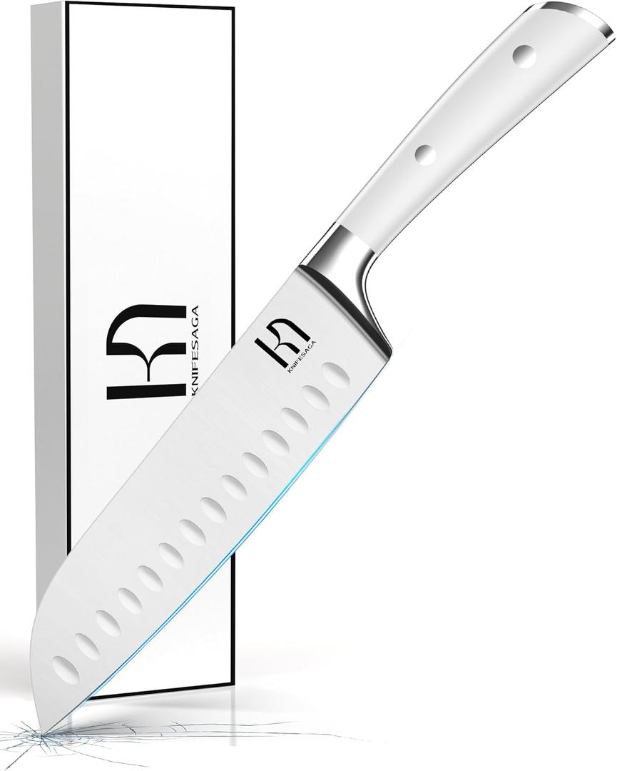 Santoku Knife 7 Inch, Japanese Professional Chef knife High Carbon Stainless Steel, Razor Sharp Chefs Kitchen Knife, Vegetable Chopping Knife for Cooking With Full-tang Handle, White