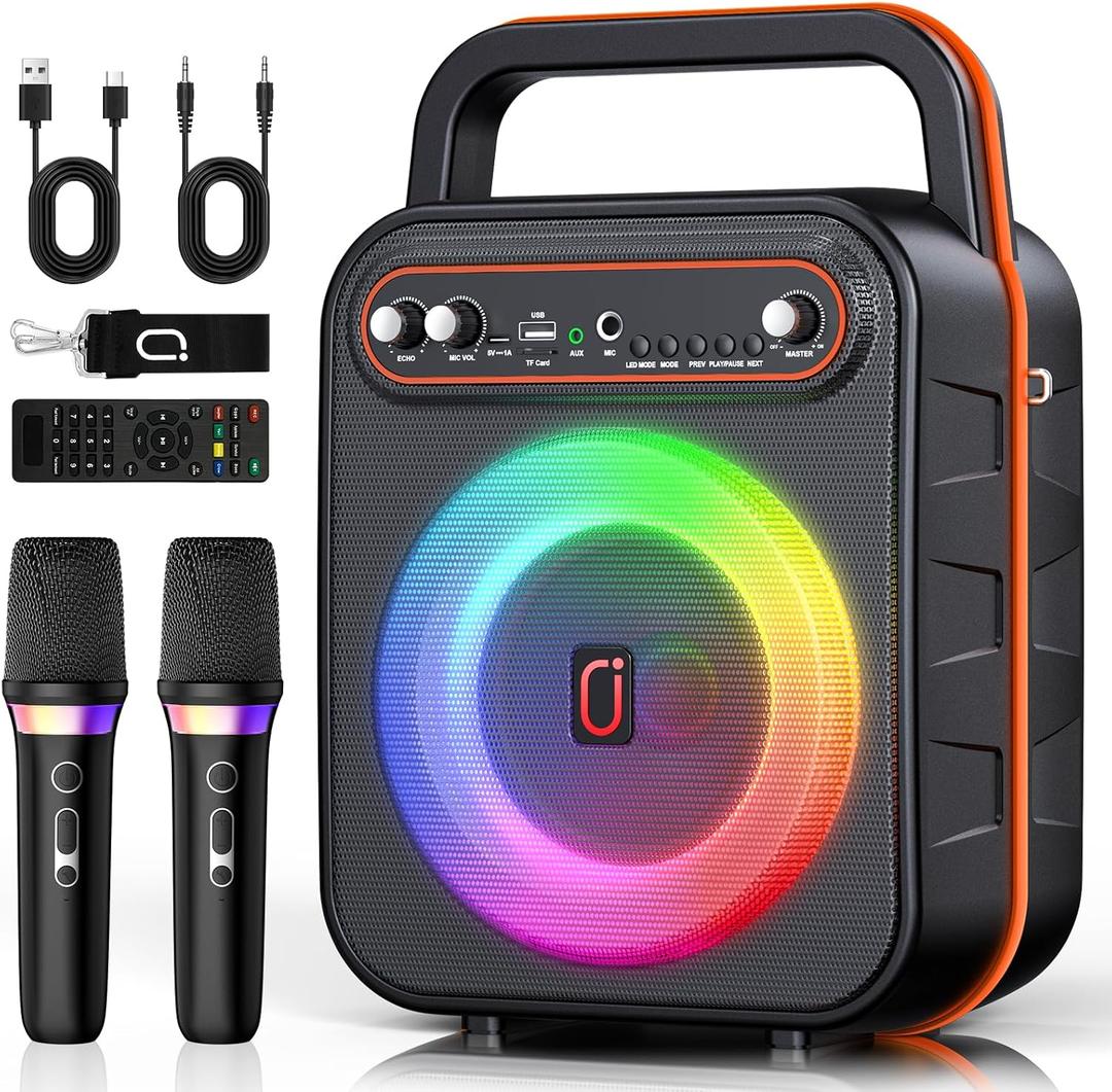 Karaoke Machine with 2 Wireless Microphones, Portable Bluetooth Speaker for Adults & Kids with RGB Light PA System Treble&Bass, Support TWS/USB/AUX/TF Card/REC, Supply for Home Party Outdoors