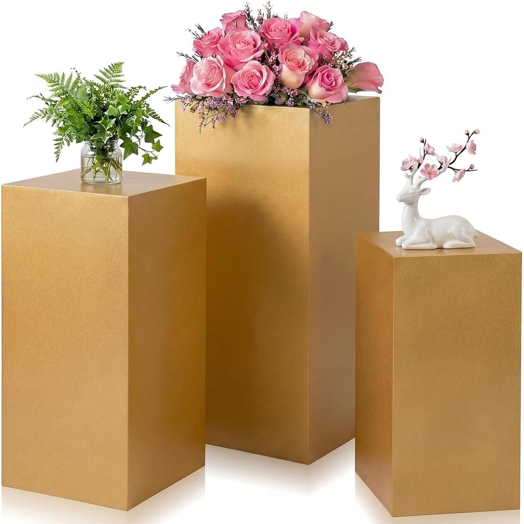 Zonon 3 Pcs Gold Square Pedestal Stands for Party, Metal Display Stands Pillars for Wedding Bridal Ceremony Baby Shower Birthday Party Decorations, 29.5*13.4''(L), 23.6*11.8''(M), 19.7*10.2''(S)