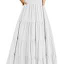 PRETTYGARDEN Women's Casual Summer Midi Dress Puffy Short Sleeve Square Neck Smocked Tiered Ruffle Dresses (Large, White)