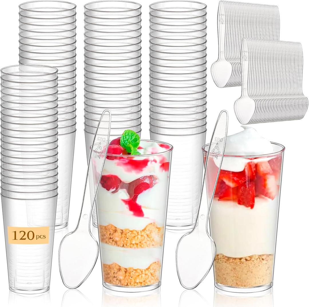 mwellewm 240 Pcs Dessert Cups with Spoons 120 Pcs 3 OZ Mini Clear Plastic Dessert Parfait Cup 120 Pcs Spoons for Party Small Round Serving Shot Disposable Fruit Ice Cream Mousse Appetizer Bowl