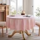 Linen Tablecloth with Tassels, Farmhouse Style Pink Tablecloth, Water Resistant Burlap Tablecloths for Round Table, 52 Inch Round Pink