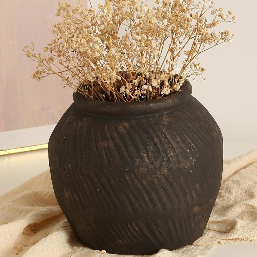 Farmhouse Ceramic Vase - Black Rustic Vintage Flower Vase for Home, Living Room, Shelf and Dining Table Decor - 7IN (7*6.5IN, Retro-3)