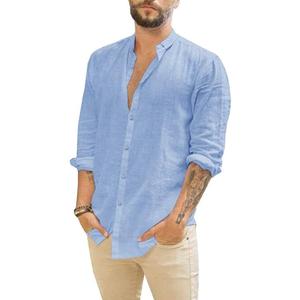 Mens Casual Long Sleeve Cotton Linen Shirts Button Down Solid Plain Roll-Up Sleeve Summer Beach Shirts (Large, Blue)