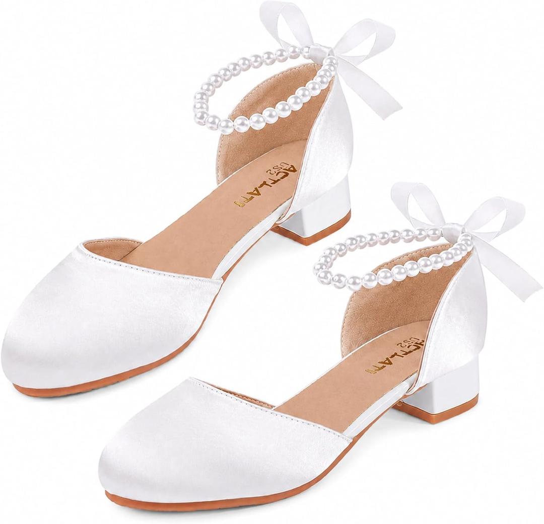 Girls Pearl Ankle Strap Heels, Bow Block Heel Dress Sandals for Wedding | Elegant Girls Dress Sandals With Pearl Ankle Strap, Satin Bow, And Low Block Heel, Ideal For Weddings, Parties (White) 2Y