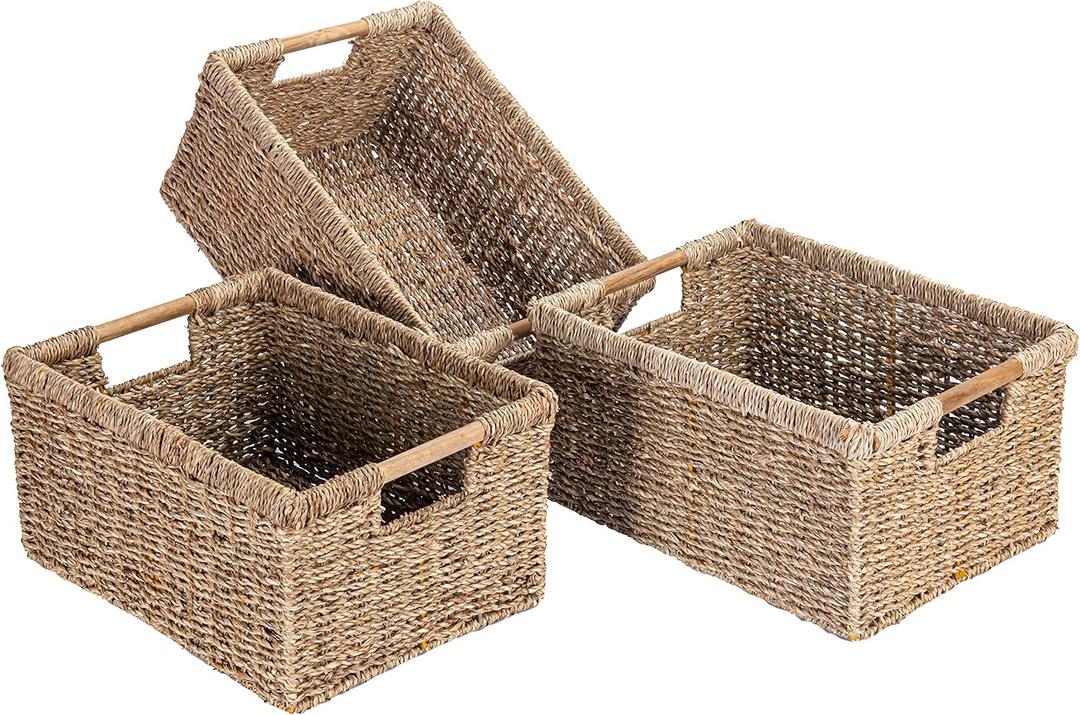 Large Wicker Basket Rectangular with Wooden Handles for Shelves, Seagrass Basket Storage, Natural Baskets for Organizing, Wicker Baskets for Storage - 3 Pack Large (Large - 14.5"x10.3"x7.5"H)