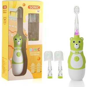Kids Electric Toothbrush, Battery Operated Fun Bear Design Sonic Toothbrush for Toddler Ages 2-10, 2 Mins Timer, Soft Bristles, 2 Replacement Heads, 3 Brushing Modes for Teeth Cleaning