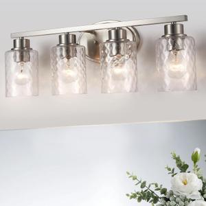 Brushed Nickel Bathroom Vanity Light Fixtures - 4 Light Over Mirror, Hammered Glass, Modern Rustproof Wall Mount
