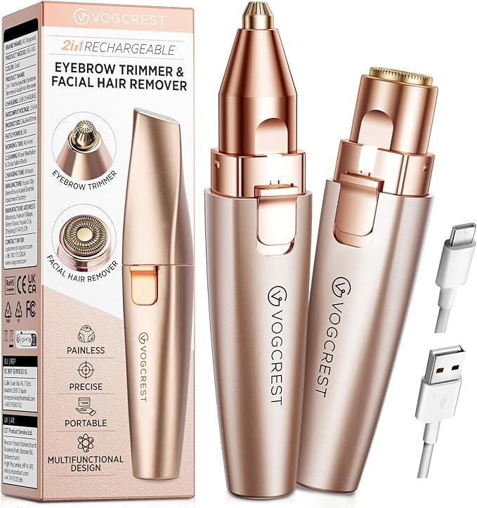 VG VOGCREST Eyebrow Facial Trimmer: 2 in1 Rechargeable Facial Hair Removal and Eyebrow Shaver - Face Lips Body Painless Facial Razor with Built-in LED Light (Rose Gold)
