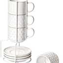 LE TAUCI 4 oz Stackable Espresso Cups with Saucers and Stand, Set of 4, Ceramic Coffee Cup Set for Double Shot, Macchiato, Lungo, Ristretto, Microwave & Oven Safe - Embossed White