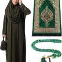 ihvan online Muslim Dresses for Women, One-Piece Prayer Dress & Prayer Rug & Beads, Islamic Gift Set for Eid Ramadan (XS-XXL, Khaki)
