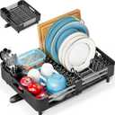 Dish Drying Rack for Kitchen Counter, Extendable Dish Rack with Drainboard, Collapsible dish drainer, Expandable Dish Strainer with Cutlery Holder, Foldable Home Countertop Plate Storage Rack, Black