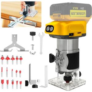 Cordless Wood Router Trimmer for Dewalt 20V Battery, 6 Speeds Wood Trimmer Set, 800W 30000 RPM Brushless Motor Hand Palm Router with 15pcs 1/4"Shank Router Bits for Woodworking,Slotting(NO Battery)