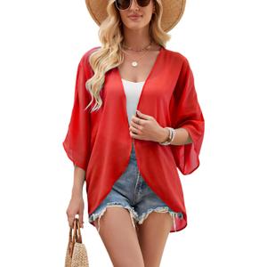 Chunoy Women Chiffon Kimono Cardigan Short Sleeve Open Front Tops Beach Wear Cover Up (Small, Red 273)