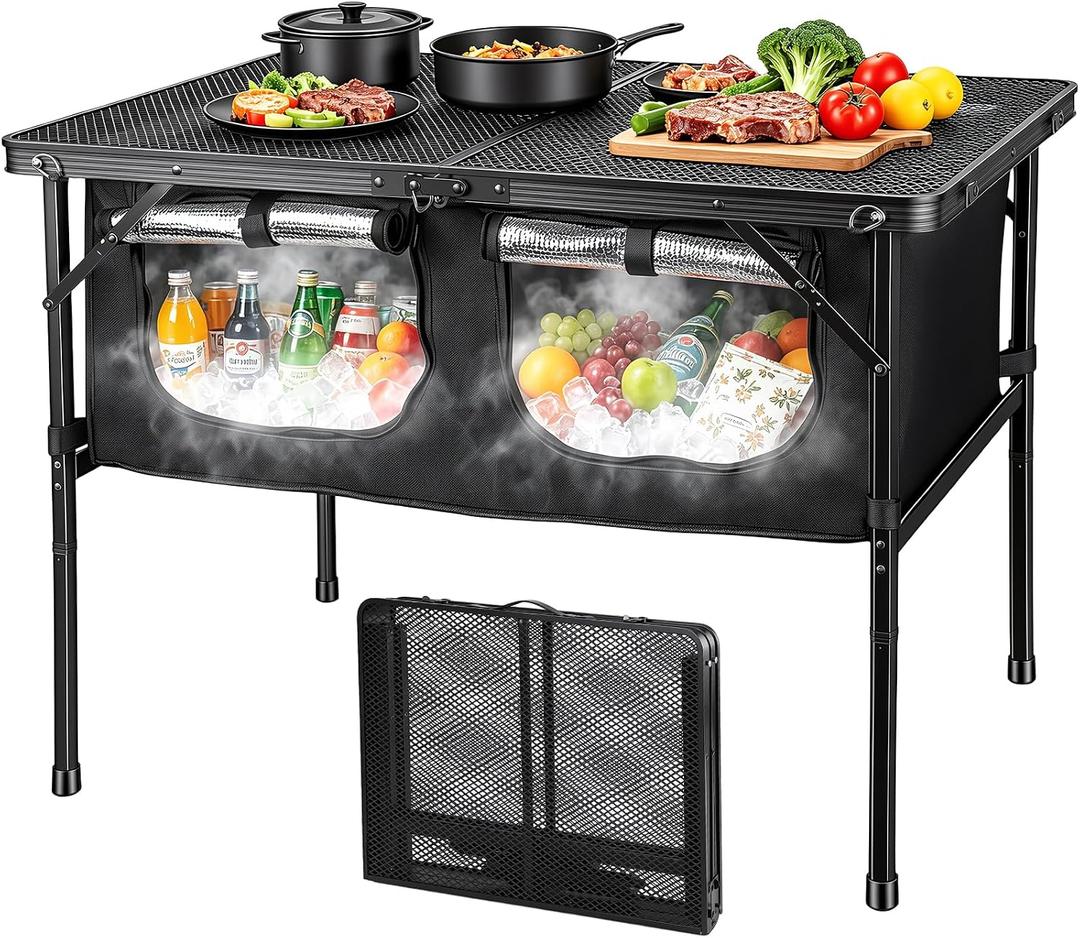 Folding Camping Table with Storage and Insulated Cooler Bag | Removable Insulated Cooler Bag, 35.4 x 23.6 In Mesh Top And 16.5-26 In Adjustable Height For Camp Cooking, Bbq And Rv Trips