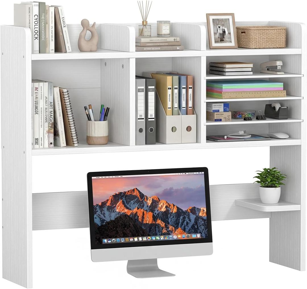 NUTIKAS Desktop Bookshelf for Computer Desk - 36" Desk Hutch Organizer with 4-Tier Paper Tray, Tabletop Storage Rack for College Dorm Room Essentials, Home Office Shelving, White