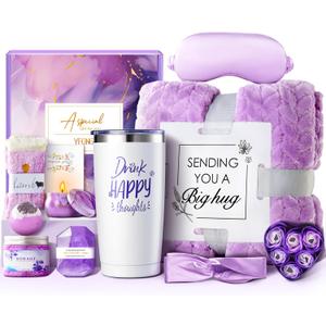 YFONG Christmas Gift for Women, 12PCS Get Well Gifts for Her, Spa Gift Basket for Mom, Wife, Girlfriend, Friends, Purple Happy Birthday Gifts Set, Thank You Gift Relaxing Self Care Gifts - Lavender (11PCS)