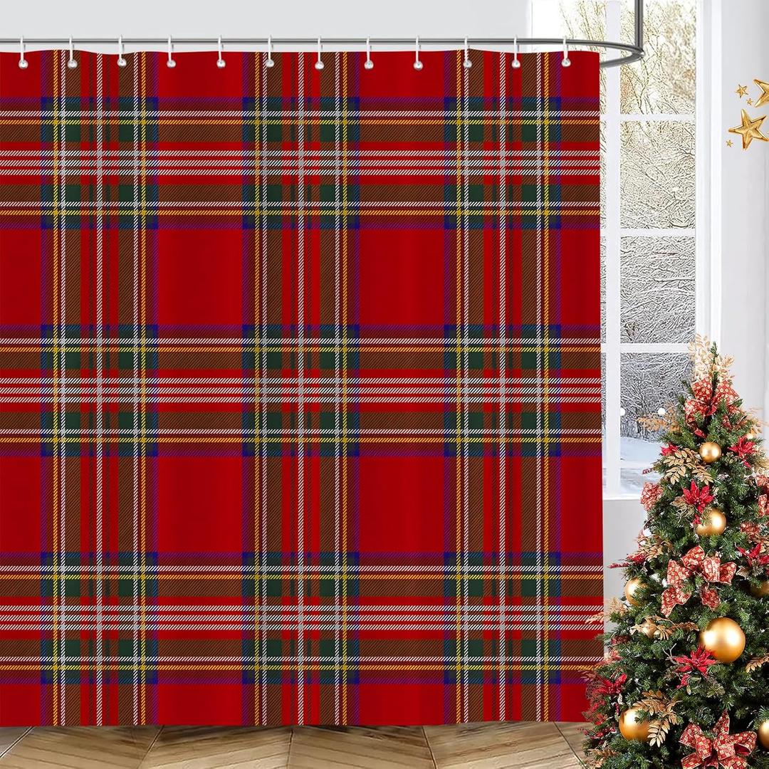 GOOESING Christmas Plaid Shower Curtain Scottish Tartan Farmhouse Bathroom Shower Curtains for Bathtub Decoration with Hooks 60x72 Inch, Red and Green
