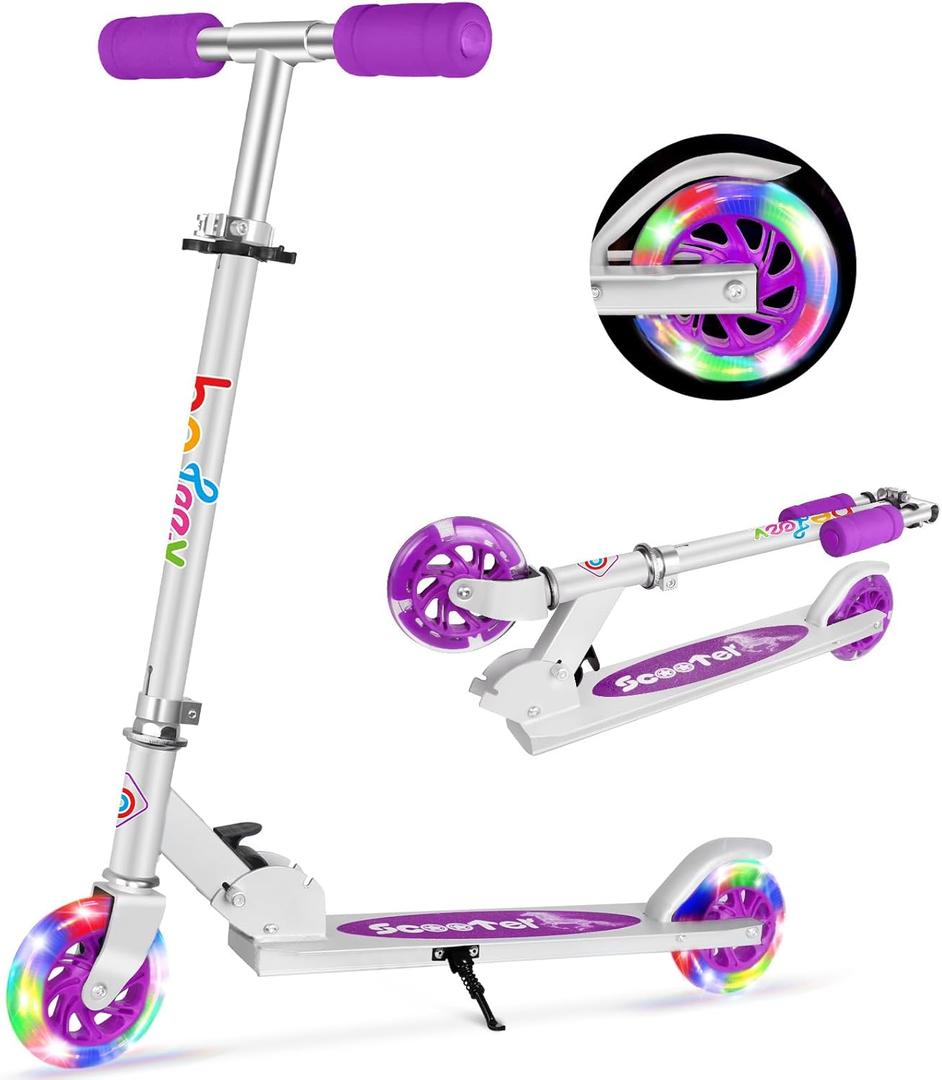 BELEEV V1 Scooters for Kids, 2 Wheel Folding Kick Scooter for Girls Boys, 3 Adjustable Height, Light Up Wheels, Lightweight Scooter with Sturdy Frame, Kickstand for Children 3 to 12 Years Old (Purple)