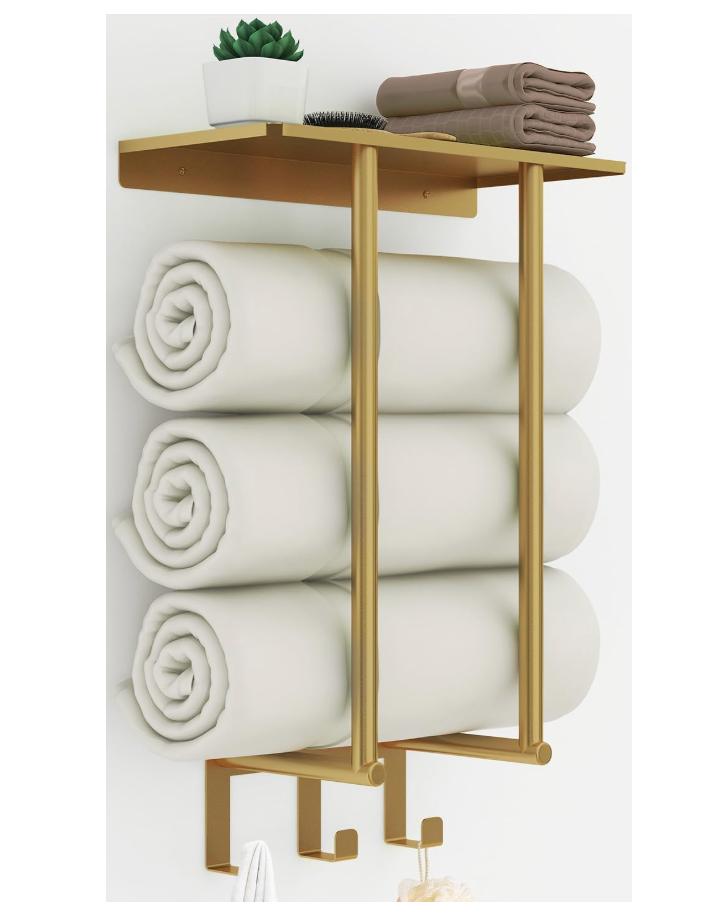 Towel Rack with Metal Shelf and 3 Hooks, Bethom Towel Racks for Bathroom Wall Mounted, Metal Gold Bath Towel Holder Storage Wall for Small Bathroom