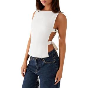 Giraropa Women Buckle Tank Top Y2k Slim Fit Crop Tops Sexy Sleeveless Round Neck Hollow Out Shirt Rave Outfits, Size Medium