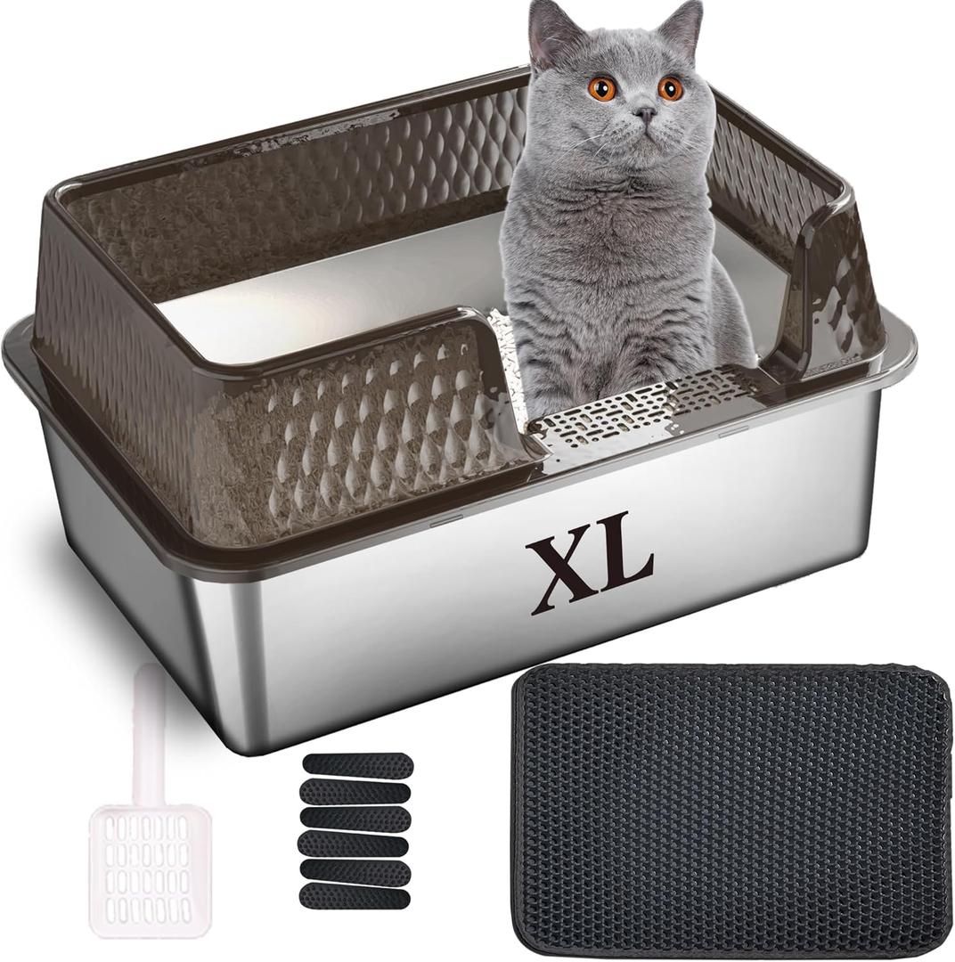Suhaco Side Entry Litter Box Large Stainless Steel, High Walls Deep Kitty Litter Boxes with High Side Removable Lid, Litter Mat and Scoop Included for Medium & Large Cats (Tall Black)
