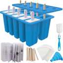 Miaowoof Homemade Popsicle Molds, 10Cav NonBPA Silicone Ice Pop Maker, with 50 Sticks, 50 Bags, 10 Reusable Sticks, Funnel, Brush and Ice Pop Recipe (Blue+Bin)