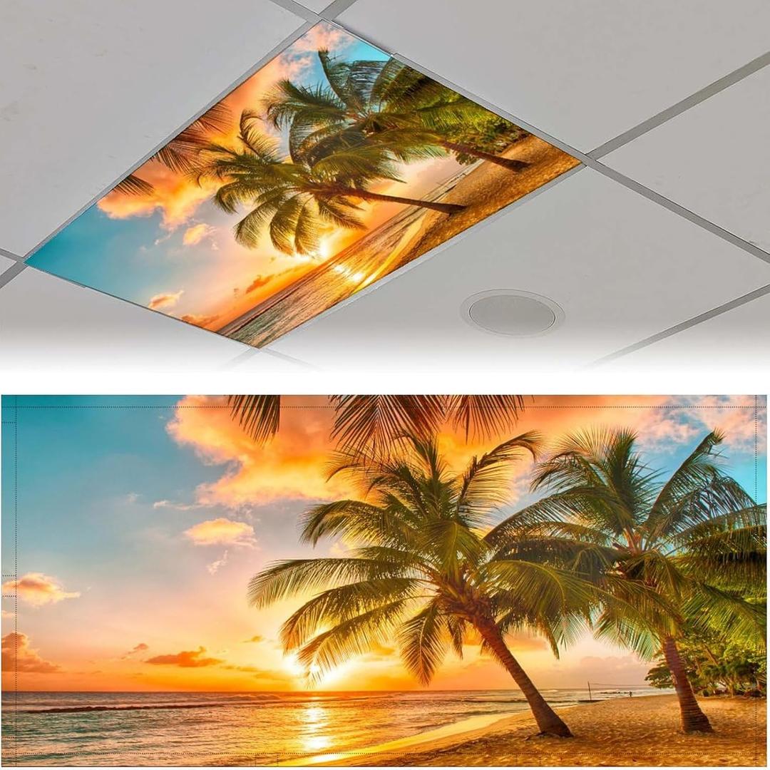 2 Pcs Fluorescent Covers for Ceiling Lights, Coconut Trees Magnetic Covers With 10 Magnets, Filters for School Classroom Home Office Drop Ceiling Lamp Decor 4 x 2 Feet (Color-16)