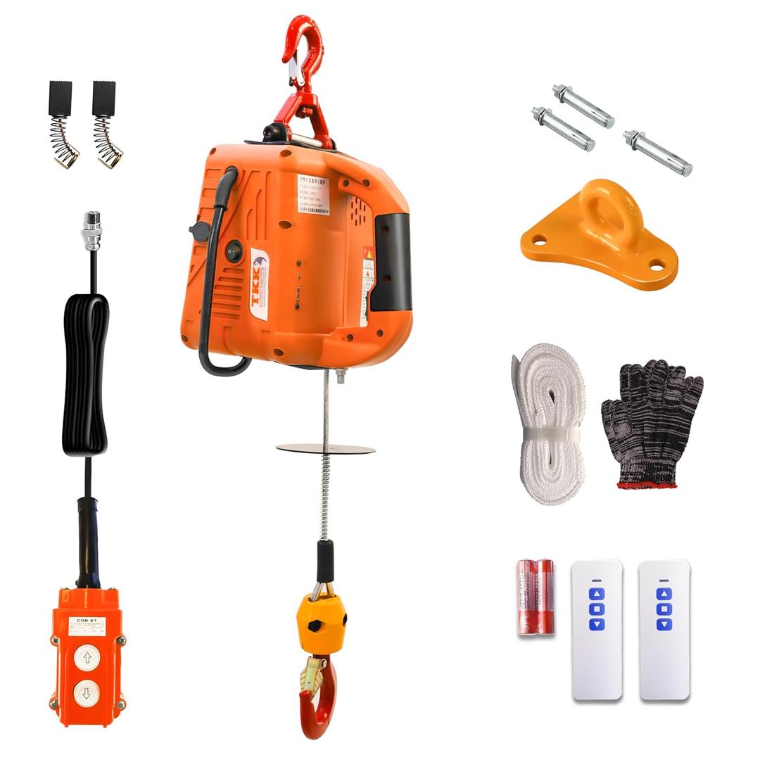 3-in-1 Electric Hoist Winch 1500W Powerful Portable 120V Winch with 1100Lbs Loading Capacity, 16 ft/min Lift Speed, 25ft Lifting Height  Perfect for Garages, Warehouses, and Factories (Orange)