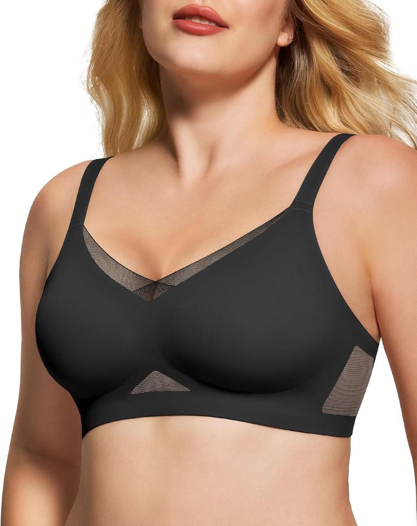Womens Bra No Underwire Seamless Wireless Bra with Soft Support V Neck Mesh Bras Lace Bralette Everyday Bra (X-Large, Black+nude)
