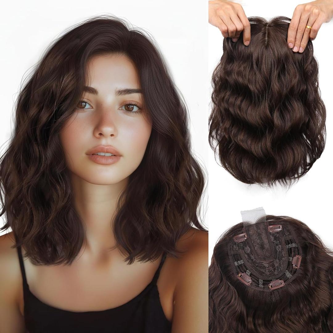 LEEONS Short Wavy Hair Topper for Women, 11inch Breathable Synthetic Hairpiece with 6.5x6.5 Base, Instantly Adds Volume & Conceals Thin/White Hair Roots (Soft Brown)