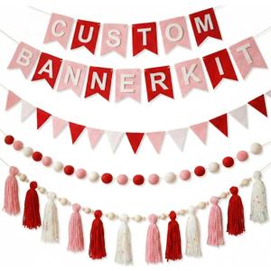 139 Pcs Felt DIY Custom Banner Kit Include 104 Letters 18 Swallowtail Flags 15 Pennants 2 Pcs Pom Pom Garland Tassel Pompom Decoration for Home Baby Shower Birthday(Valentine's Pink)