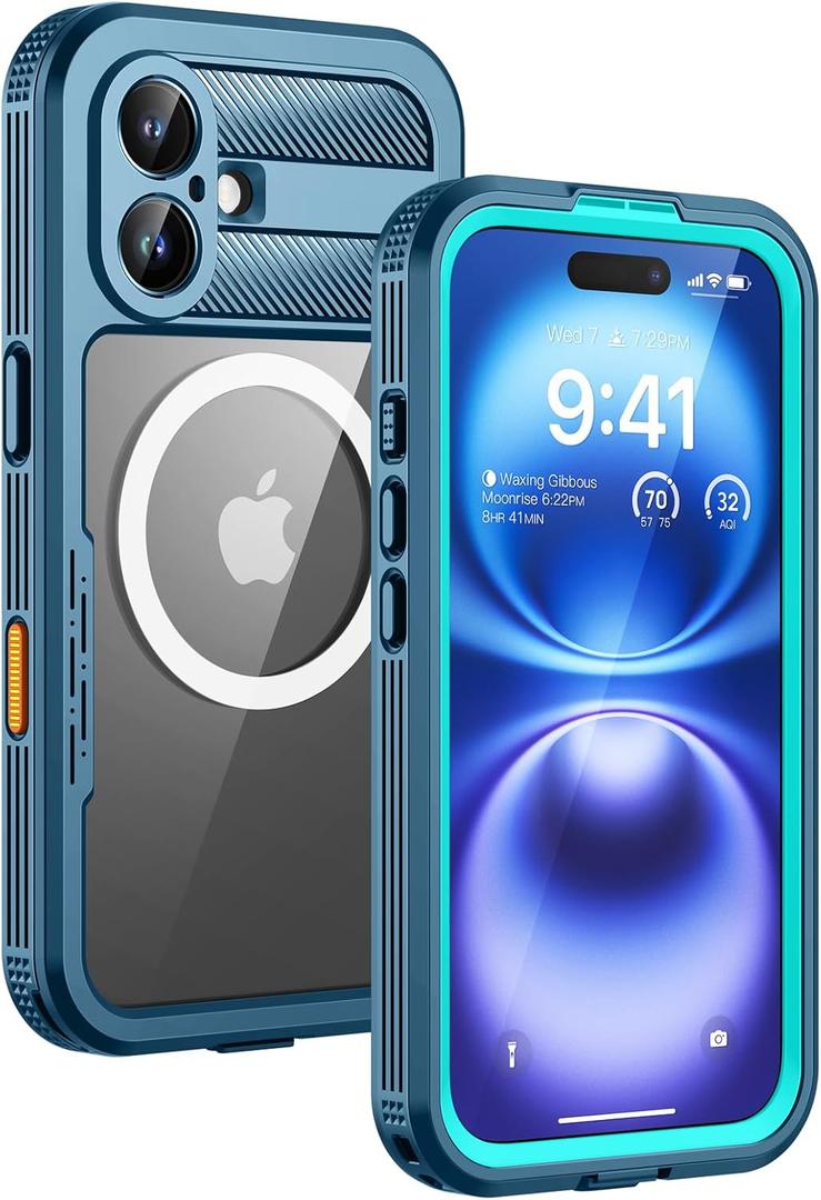Lanhiem Magnetic for iPhone 16 Case, IP68 Waterproof Dustproof Case, [Compatible with Magsafe] [Built-in Screen Protector] Full Body Heavy Duty Rugged Phone Cover 6.1 inch, Blue/Clear