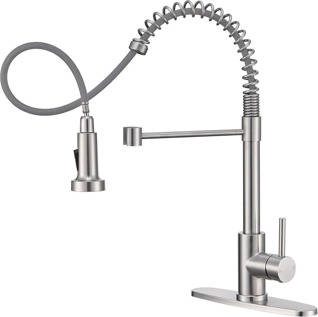 Kitchen Faucet with Pull Down Sprayer Brushed Nickel Stainless Steel Single Handle 1 or 3 Hole Dual Function Spring Utility Sink Faucet for Farmhouse Camper Laundry RV Bar