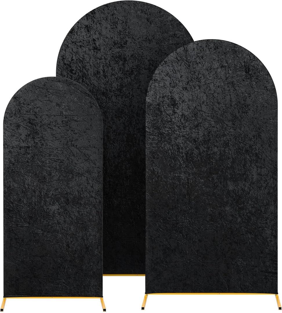 HunnmingRe 3 Pack Black Crushed Velvet Wedding Arch Covers Set, 5ft, 6ft, 7ft Velvet Arch Covers for Round Top Backdrop Stands Birthday Party Wedding Ceremony Banquet Baby Shower Backdrop Decor