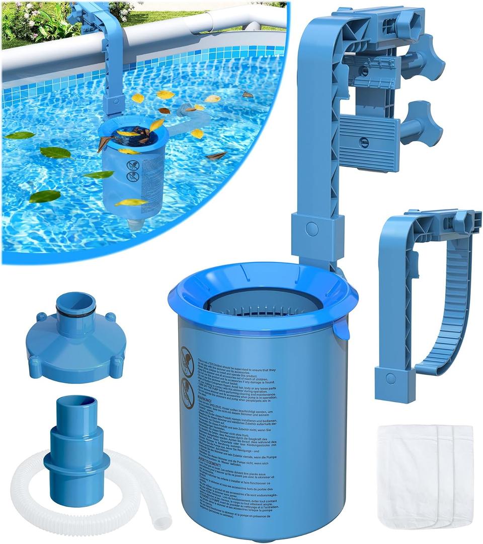 DeeprClean Upgrade Above Ground Pool Skimmer Comes with 3 Socks, Anti-tilt Wall Mount Surface Skimmer, Removable Skimmer Basket, Adjustable Height Bracket, Auto Skimming Pool Surface Leaves - Blue