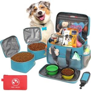 Dog Travel Bag for Traveling| Week Away/Overnight Travel Accessories with Multi-Function Pockets|Pet Travel Set for Dog and Cat|Ultimate Gift for Dog Moms &Dads, Doggy Lovers &Pet Owners (Sea Blue)