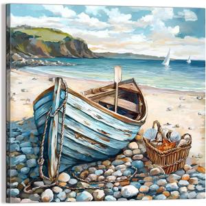 Bathroom Decor Beach Wall Art Ocean Theme Blue Picture Canvas Print Modern Coastal Artwork Framed Hanging Dining Office Living Room  20"L x 20"W