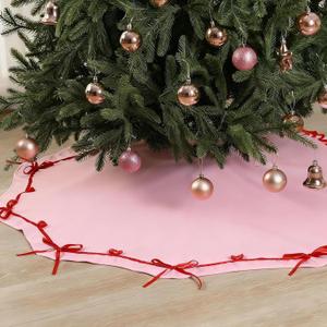 48 Inch Pink Christmas Tree Skirt with Red Bow, Velvet Christmas Tree Skirt Wavy Xmas Party Mat Holiday Bow Decorations Merry Xmas Party Accessory for Holiday Indoor Outdoor Decorations