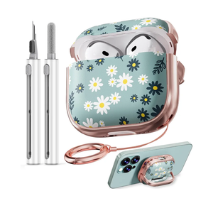 Inesore with Safety Lock for AirPods 4 Case,Clear Floral Cute AirPod 4th Generation Case for Women Girly with Cleaner Kit and Keychain- Green Daisy Flowers