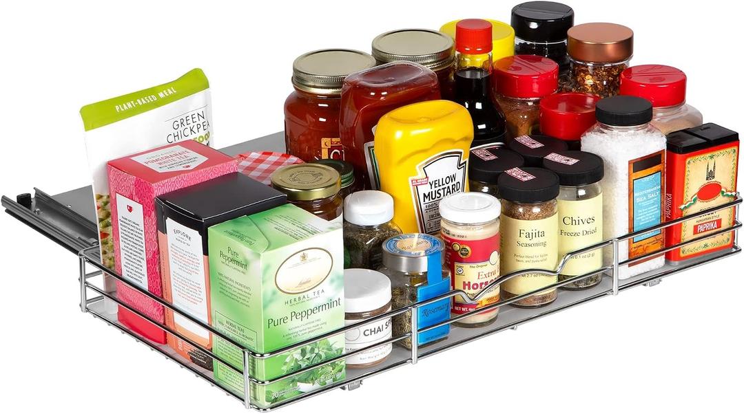 Pull-Out Cabinet Spice Rack Organizer - Slim Slide-Out Storage for Spices, Bottles & Jars, Premium Heavy-Duty Steel, Easy Install for Narrow Kitchen Cabinets - 20 W x 10 D x 2 H, Chrome