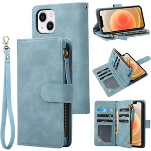 RANYOK Wallet Case Compatible with iPhone 13 (6.1 inch), Premium PU Leather Zipper Flip Folio Wallet RFID Blocking with Wrist Strap Magnetic Closure Built-in Kickstand Protective Case (Baby Blue)