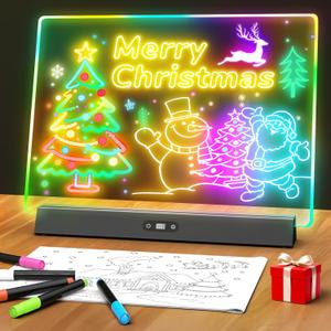 LED Note Board with Colors, Rechargeable 17-Inch Doodle Glow 9-Mode Light Up Desk Sign Letter Message Memo Drawing Dry Erase Board for Classroom/Home Decor/Office/Gifts, 5 Markers & Tracing Book (Black+clear)
