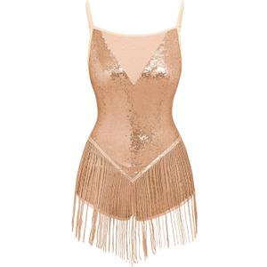 IBAKOM Women Fringe Sequins Bodysuit Latin Jazz Dance Dress Sparkly Tassel Rave Outfits Acrobat Circus Hip Hop Dance Costume (Beige, XXL)
